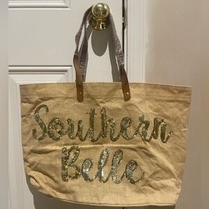 Mud Pie beach tote bag southern belle | cream tan gold